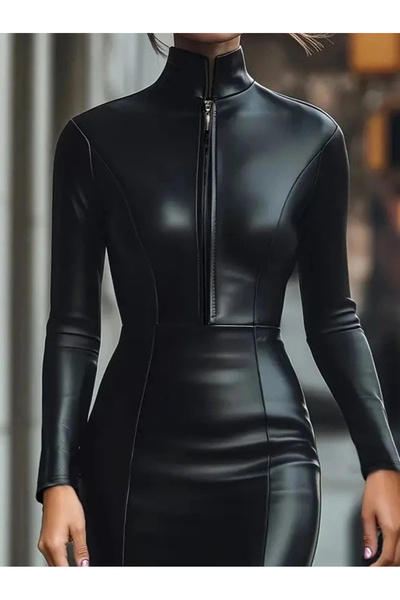 Mavrida Mdb Women's Long Sleeve Collared Zippered Mini Leather Dress