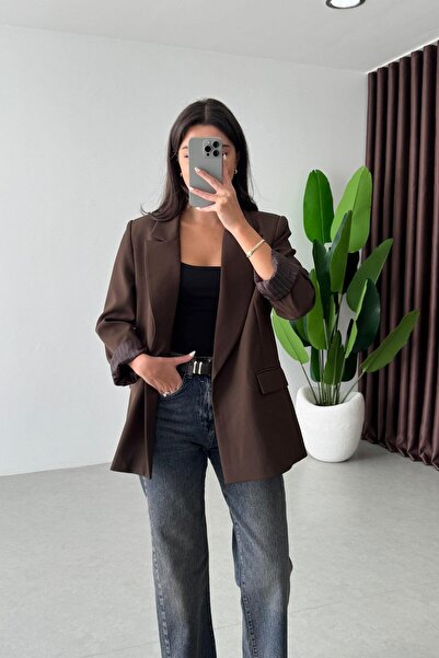 ECEMİ Nowan Kahve Çizgili Astar Detay Blazer