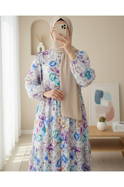 Modamorfo Μικτό φλοράλ εμπριμέ φόρεμα με μισό κουμπί - Μπλε