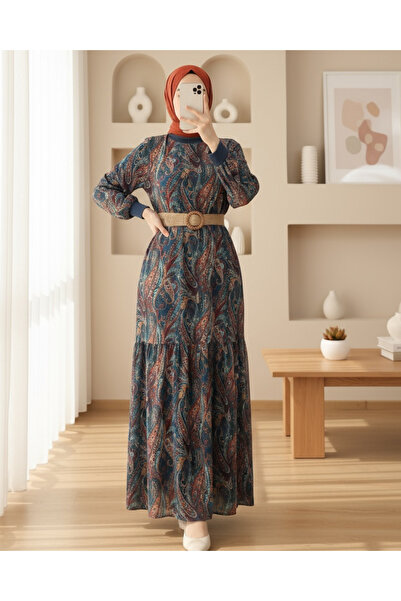 Modamorfo Ethnic Pattern Skirt Segmented Lined Chiffon Dress - Emerald