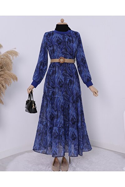Modamorfo Ethnic Pattern Skirt Partially Lined Chiffon Dress - Navy