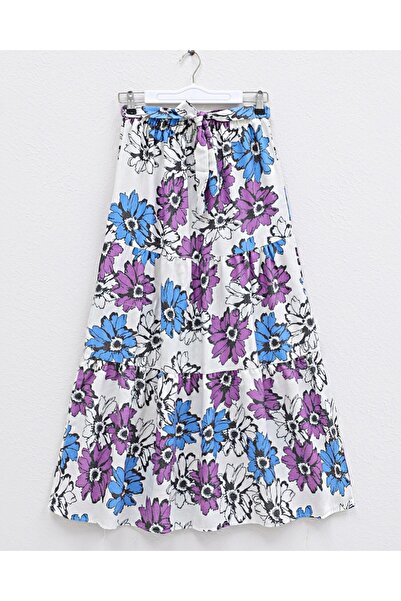 Modamorfo Linen Skirt - Patterned, Belted and Elastic Waist - Purple
