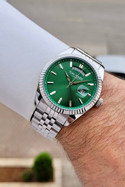 Tom Jones Kadranı Yeşil Kordonu Silver Renk 24 Ay Garantili 40 mm Erkek Kol S...