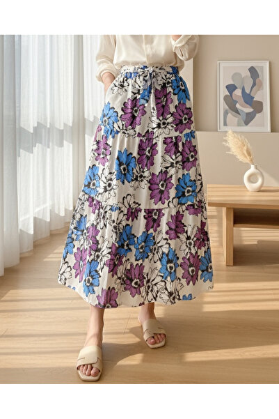 Modamorfo Linen Skirt - Patterned, Belted and Elastic Waist - Purple