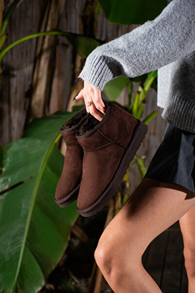 DESPİNA LEVA Kadın Ultra Mini Süet Kadın Bot Içi Tüylü Düz Taban Bot & Bootie