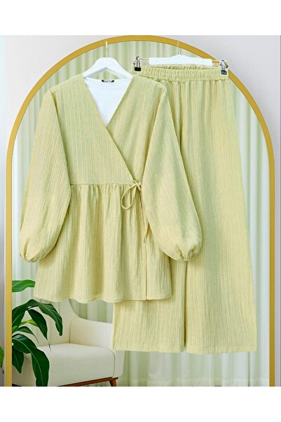 Modamorfo Tunic with Tie Inside and Wide Leg Trousers Set - Fat Green