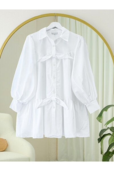 Modamorfo Önü Düğmeli Kurdela Detaylı Salaş Gömlek -Beyaz
