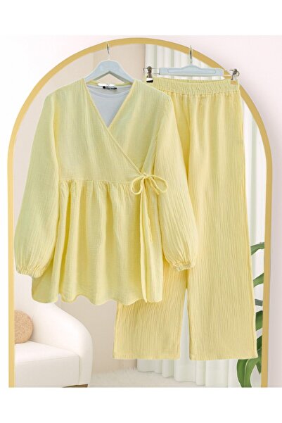 Modamorfo Tunic with Tie Inside and Wide Leg Trousers Set - Yellow