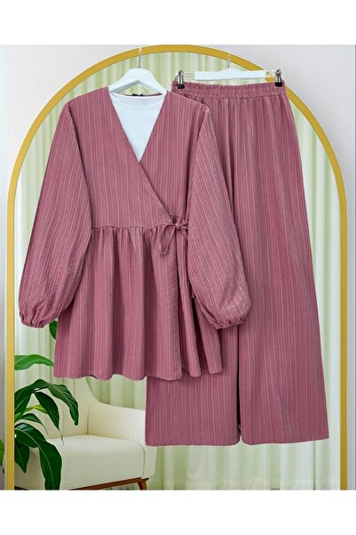 Modamorfo Tunic with Tie Inside and Wide Leg Trousers Set - Cherry