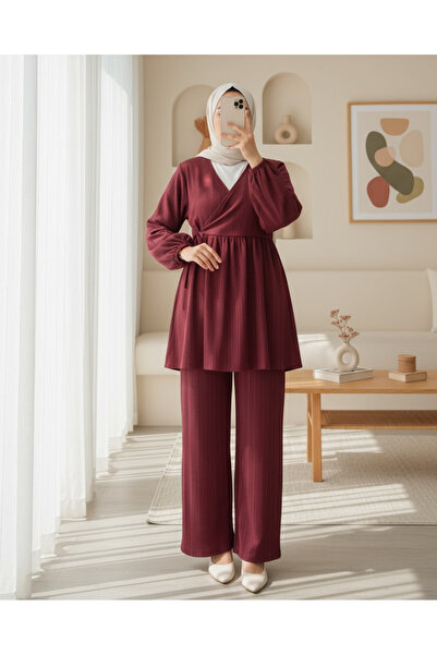 Modamorfo Tunic with Tie Inside and Wide Leg Trousers Suit - Burgundy