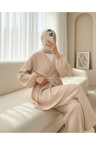 Modamorfo Tunic with Tie Inside and Wide Leg Trousers Suit -Mink