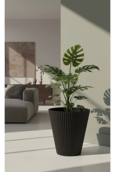esm vase DEKORATİF ÇİZGİLİ PLASTİK SİYAH SALON, OFİS SAKSISI 37X34