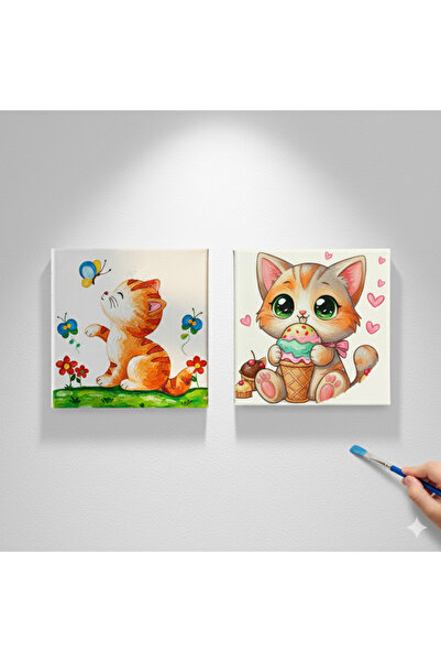 dudu ahşap OKUL Etkinliği-2'li Tuval Boyama Seti. 20x20 Cm Uv Baskı 6 Akrilik...