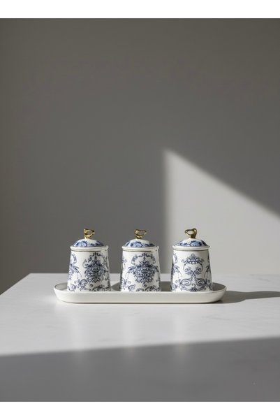 CVS Maisone 3-Piece Embroidered Ceramic Jar Spice Rack Set – Storage Container with Stand and Lid