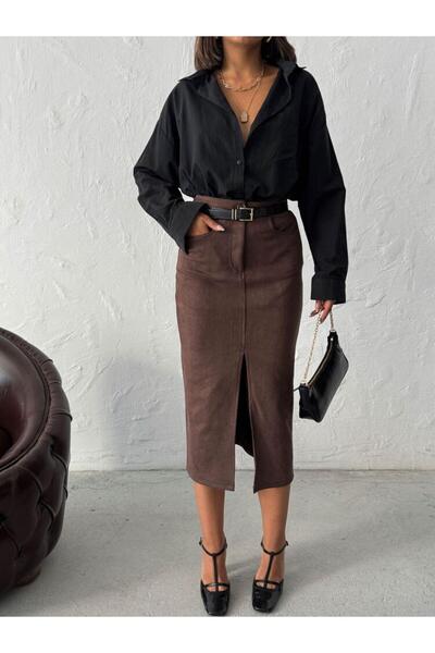 Ecenin Favorileri Fusta midi cu fantă din piele intoarsa maro