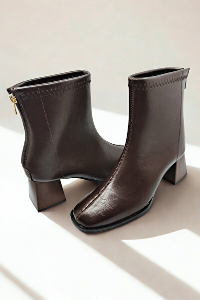 Long Star Kadın Kahve Rugan Suni Deri Ortopedik 6 cm Topuklu Küt Burun Fermuarlı Kışlık Bot