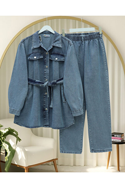 Modamorfo Buttoned Jeans Set with Belt and Pockets - Ice Blue