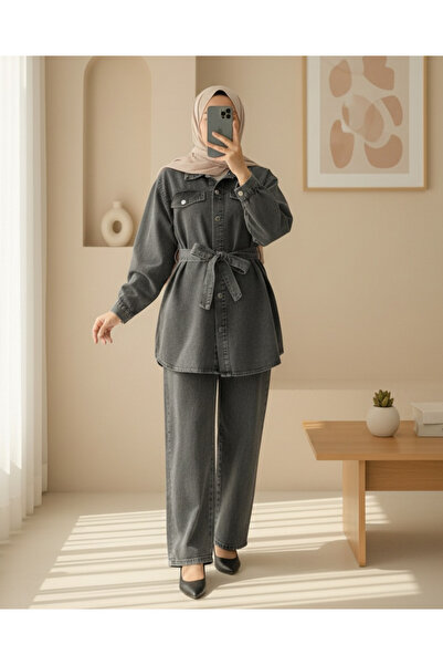 Modamorfo Buttoned Denim Suit with Pockets and Belt - Smoked