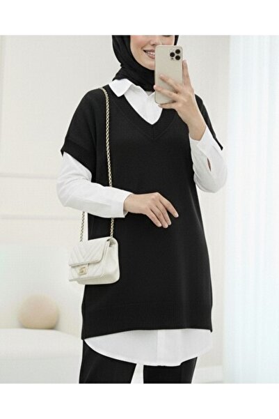 Modamorfo V-Neck Oversize Knitwear Sweater -Black