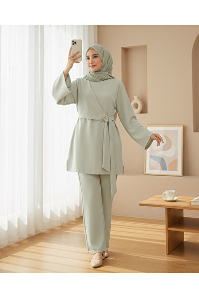 Modamorfo Slit Scuba Suit with Cross-Tied Front - Beige