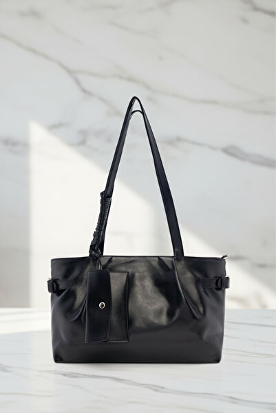 Biçanta Black Color Knitted Leather Zippered Compartment Large Size Soft Leather Women's Shoulder Bag