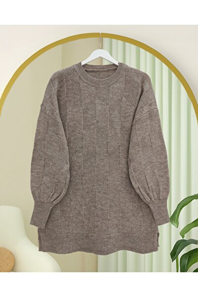 Modamorfo Round Neck Casual Patterned Knitwear Sweater -Toprak