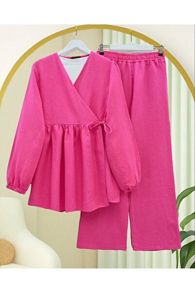 Modamorfo Muslin Suit with Elastic Sleeves and Lace - Fuchsia