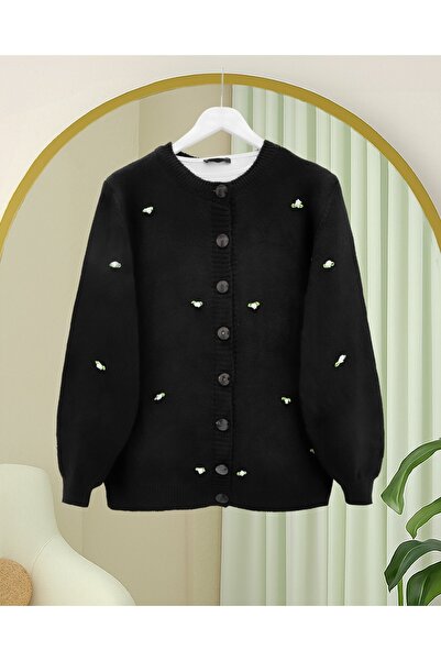 Modamorfo Buttoned Floral Detailed Soft Cardigan -Black
