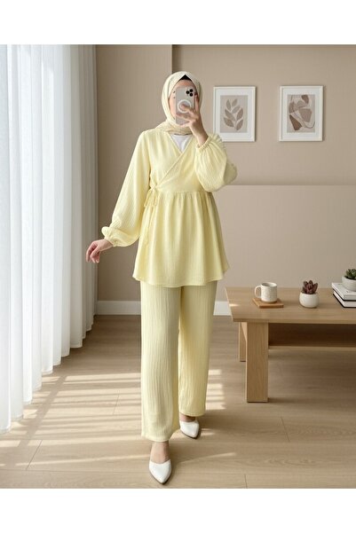 Modamorfo Muslin Suit with Elastic Sleeves and Lace-Up - Light Yellow