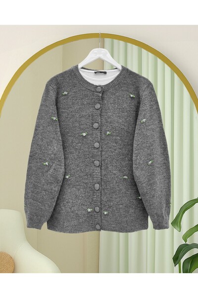 Modamorfo Buttoned Floral Detailed Soft Cardigan - Smoked