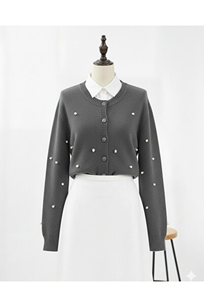 Modamorfo Buttoned Floral Detailed Soft Cardigan - Smoked