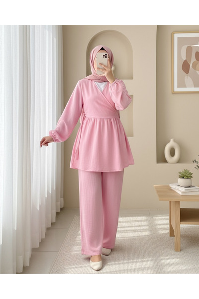 Modamorfo Muslin Set with Elasticized Sleeves and Rope Lacing - Powder