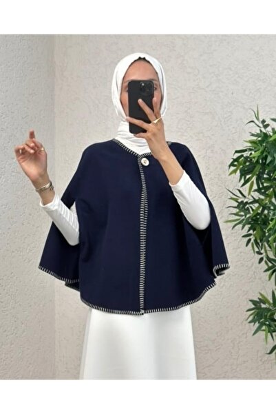 Modamorfo Shepherd's Stitch Pocketed Cashmere Poncho - Navy