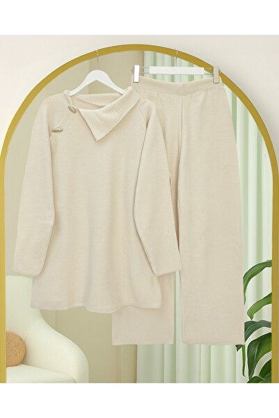 Modamorfo Half-High Neck Knitwear Set with Cross-Button Collar - Ecru