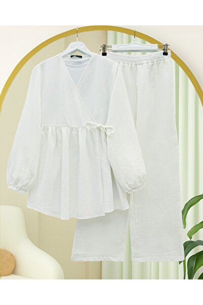 Modamorfo Muslin Suit with Elastic Sleeves and Lace - White