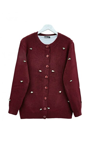 Modamorfo Buttoned Floral Detailed Soft Cardigan - Burgundy