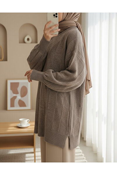 Modamorfo Round Neck Casual Patterned Knitwear Sweater -Toprak