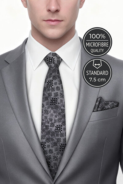 Milleniva Motif Pattern Batik Gray Tie & Handkerchief