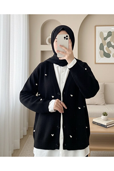 Modamorfo Buttoned Floral Detailed Soft Cardigan -Black