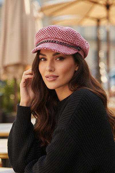 Kapin Zincir Detaylı Kaşe Kadın Balon Kasket Şapka - Kırmızı Kaz Ayağı