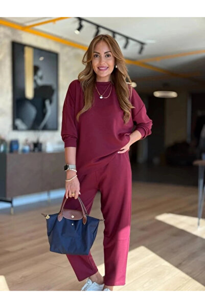 Butik Women's Long Sleeve Crew Neck Viscose Two Thread Blouse and Pants Double Suit