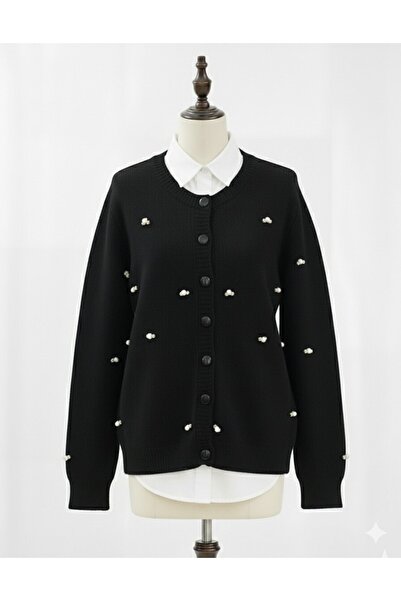 Modamorfo Buttoned Floral Detailed Soft Cardigan -Black