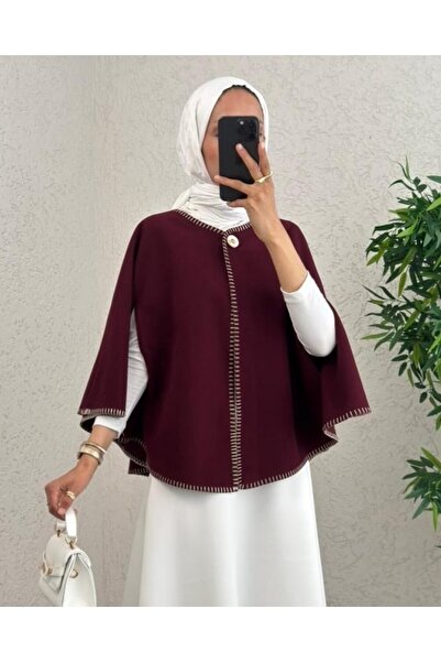 Modamorfo Shepherd's Stitch Pocketed Cashmere Poncho - Plum