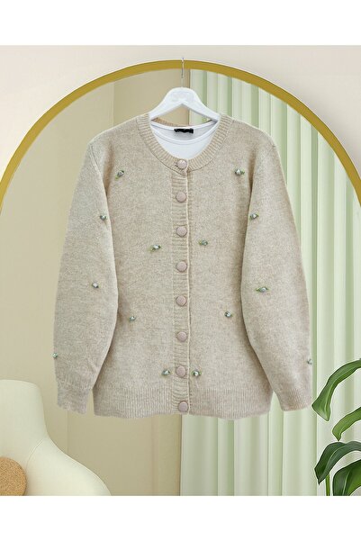 Modamorfo Buttoned Floral Detailed Soft Cardigan -Stone
