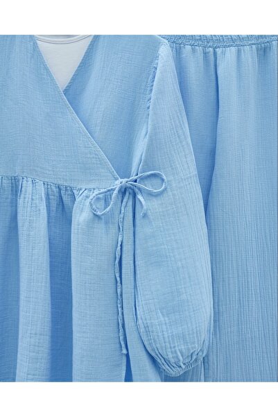 Modamorfo Muslin Suit with Elastic Sleeves and Lace-Up - Blue