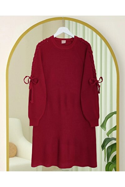 Modamorfo Πλεκτό πλεκτό πλεκτό ρούχο με πλεκτά μαλλιά στους ώμους - Κόκκινο