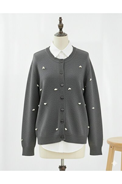 Modamorfo Buttoned Floral Detailed Soft Cardigan - Smoked