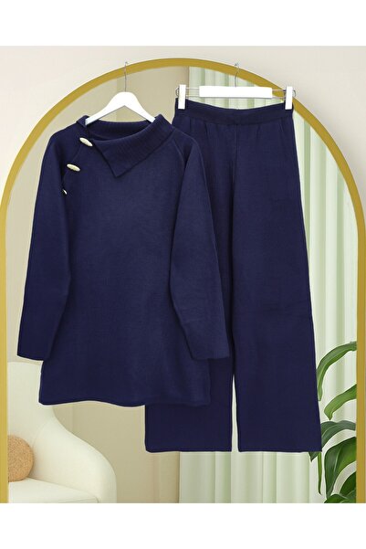 Modamorfo Half-High Neck Knitwear Set with Cross-Button Collar - Navy