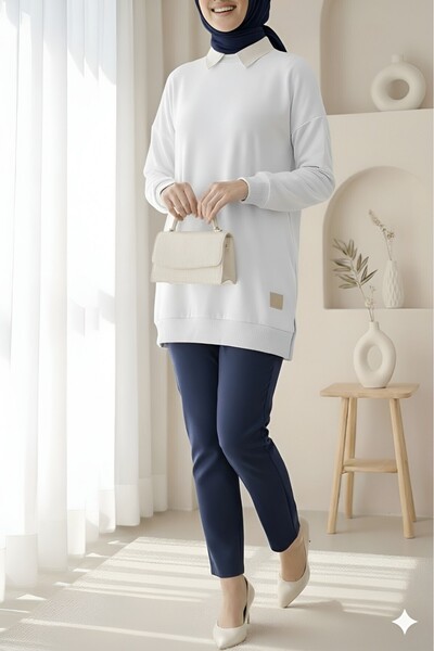 Modamorfo Svetr s vyšívaným potiskem a výstřihem - bílý