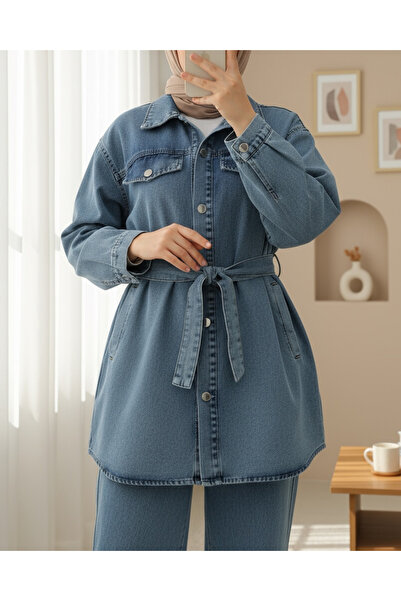 Modamorfo Buttoned Jeans Set with Belt and Pockets - Ice Blue